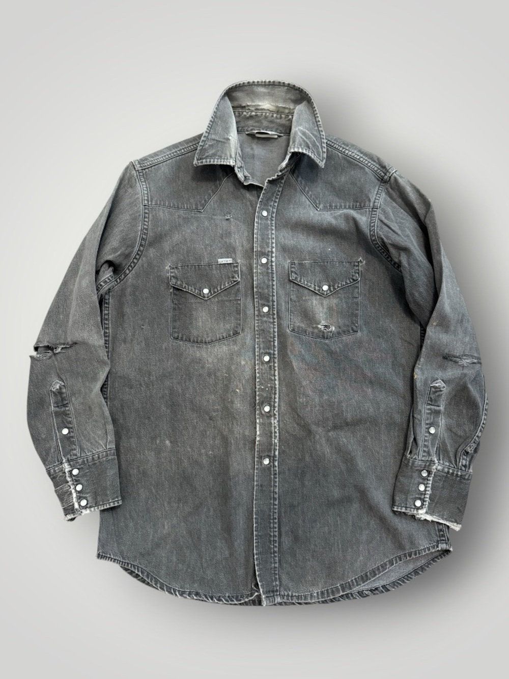VTG Carhartt Trashed Gray Denim Shirt Pearl Snap